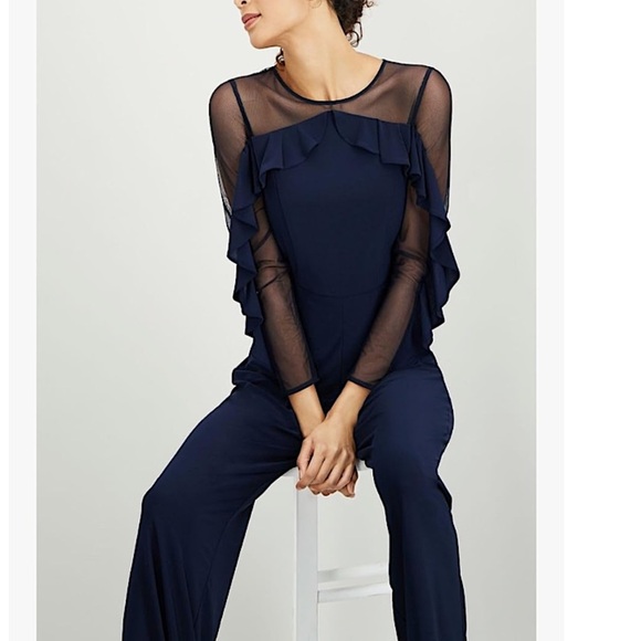 R&M Richards NWT Wide Leg Jumpsuit Ruffle Illusion Mesh Navy Plus Size Petite - Picture 8 of 15